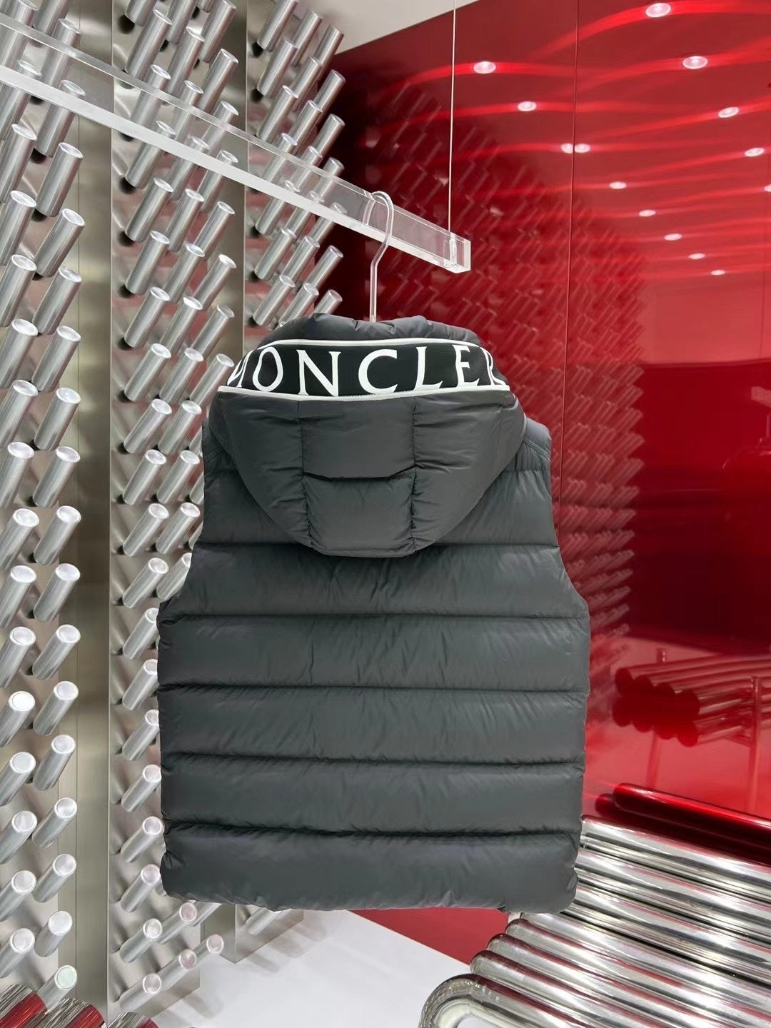 Moncler Charcoal Hooded Puffer Vest with Logo Trim